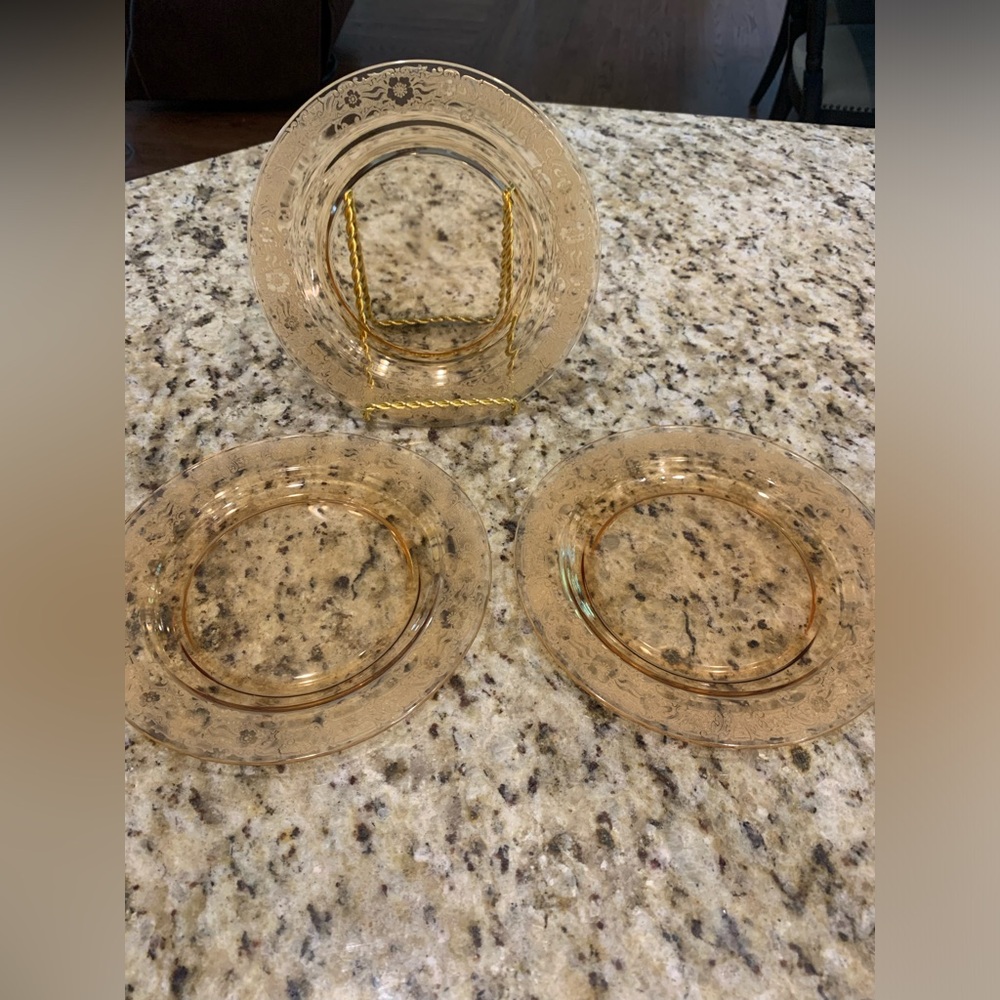 Set of 3 Etched Amber Appetizer Plates